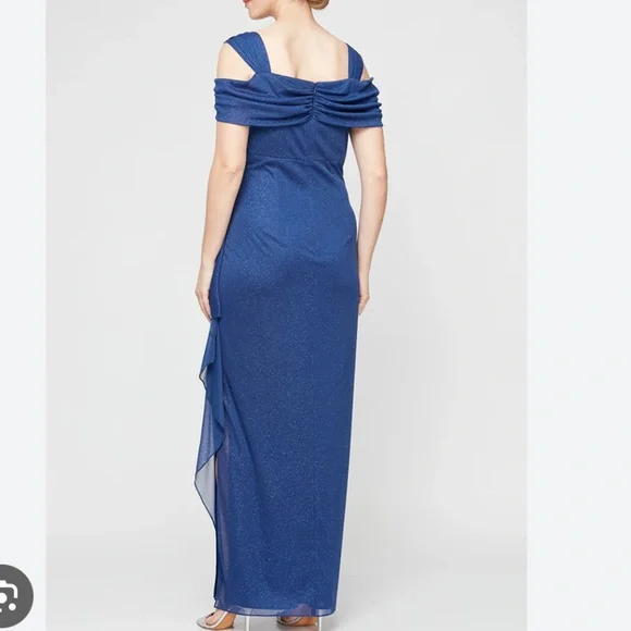 Alex Evening Sz12 Cold Shoulder Glitter Mesh Blue Dress Draped Skirt Cowl Neck - Picture 3 of 16